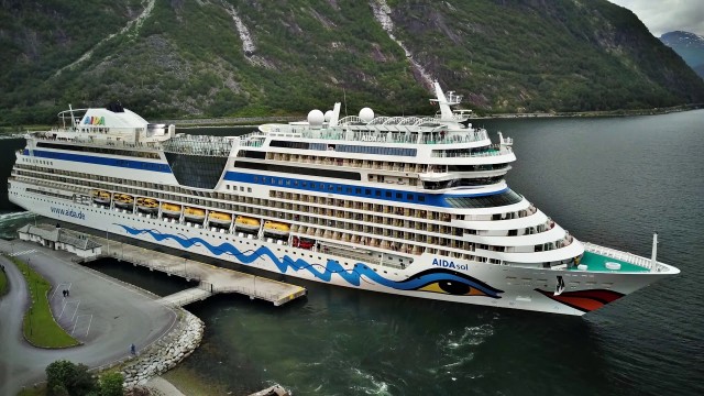 Eidfjord, Norway. overview from the air by DRONE featuring the AIDAsol